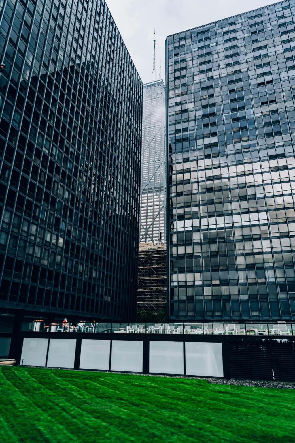 Urban skyscrapers in Chicago with green foreground, capturing modern architecture.